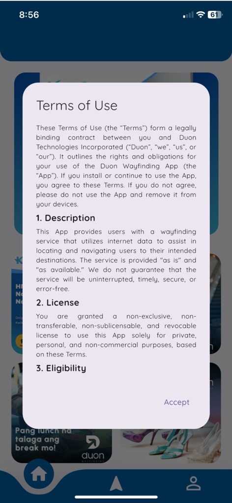 Terms of Use screen for the Duon indoor navigation app