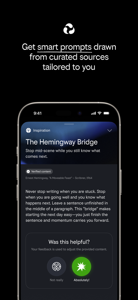 Journey Now - A smartphone display showing a curated writing prompt about the Hemingway Bridge technique within the Journey Now app.