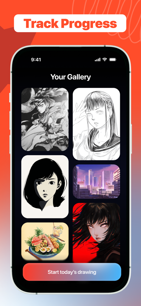 Dro: Learn How to Draw & Focus - Digital art gallery interface in the Dro app displaying a collection of sketches and progress tracking