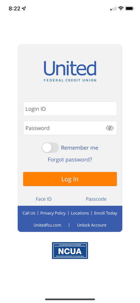 United Federal Credit Union - Login screen of the United Federal Credit Union mobile app featuring secure fields for ID and password along with Face ID and passcode options.
