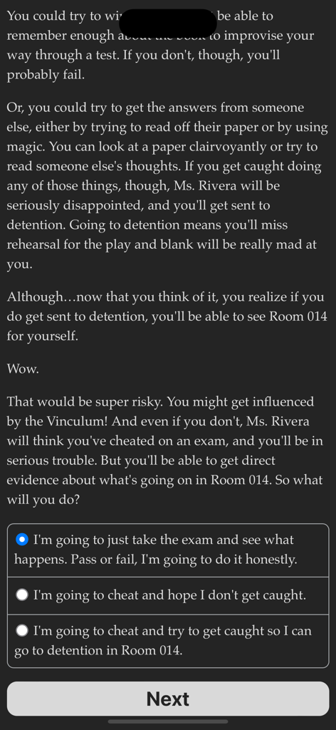 A text based decision screen in the game Psy High showing choices for how to handle a school exam