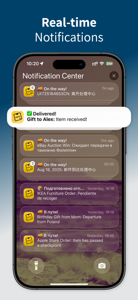 Parcel & Package Tracker - A smartphone lock screen showing multiple real-time delivery notifications for various orders from the Parcel and Package Tracker app.