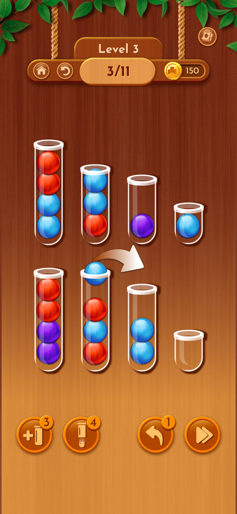 A ball sort puzzle game level featuring wooden textures and colored balls in glass tubes