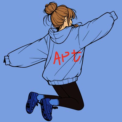 realistic girl jumping with a bun and oversized sweatshirt
