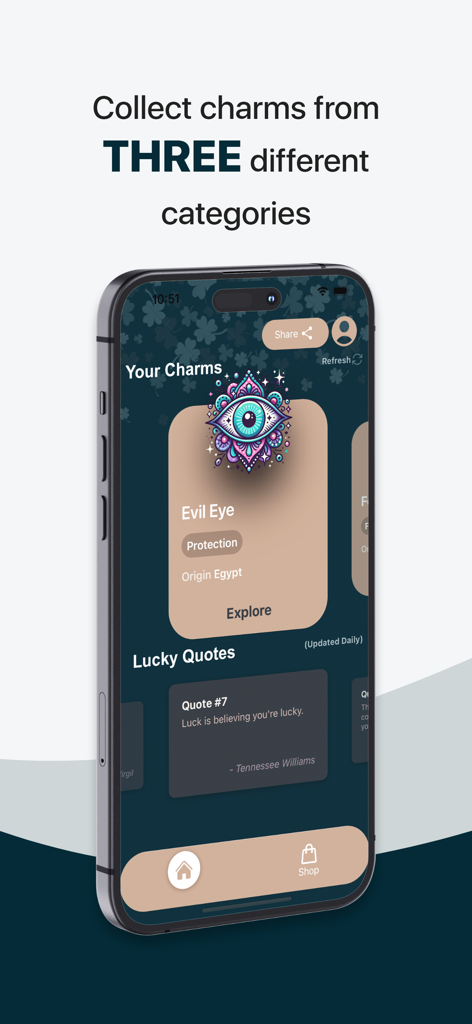 Lucky Charms App - Lucky Charms App interface showing the Evil Eye protection charm and a daily lucky quote