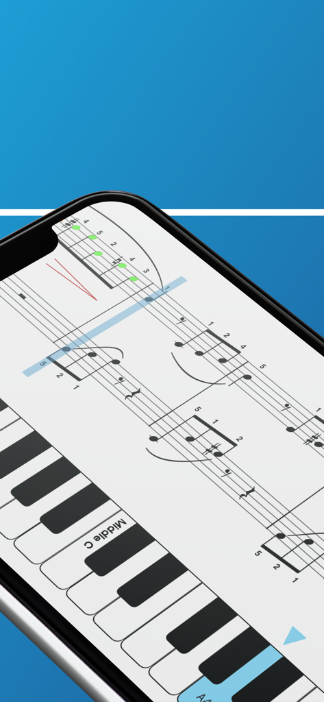 Close-up of the Piano Marvel app on a smartphone showing sheet music and a virtual keyboard