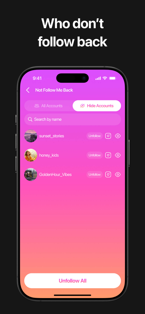 Unfollow Tracker: FollowHub - フォローバックしていないInstagramアカウントのリストと「すべてフォロー解除」ボタンを表示するFollowHubアプリのインターフェース。