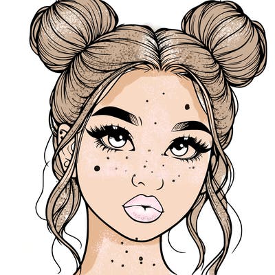 realistic girl with two buns on her hair and lips