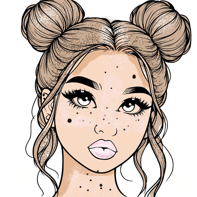 realistic girl with two buns on her hair and lips