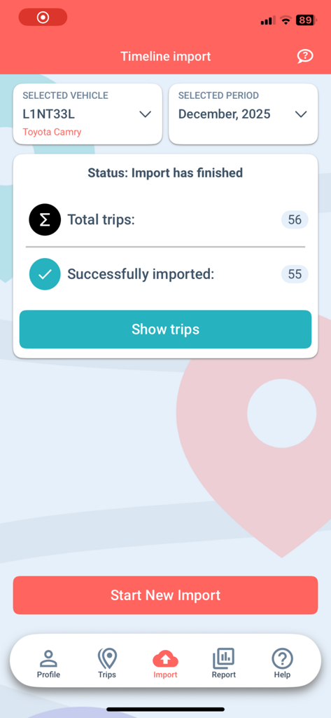 Screen showing a successful Google Timeline import of 55 trips for a Toyota Camry in the mileage log app