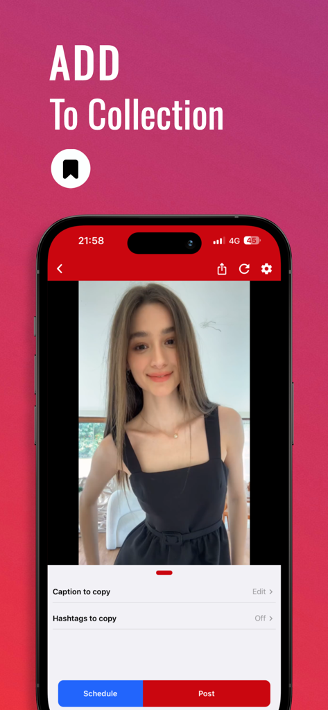 InSaver : Video Downloader - InSaver app interface showing how to add social media posts to a collection and manage captions and hashtags.