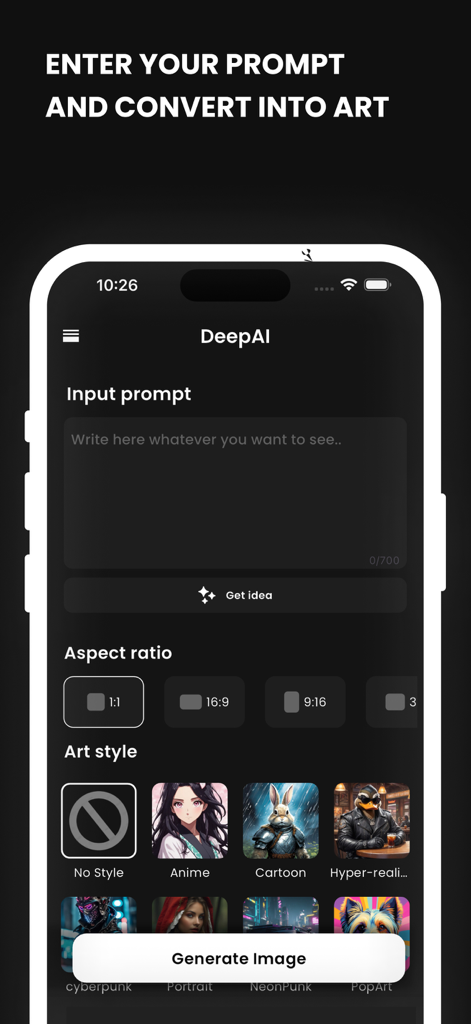 PixAI - Image Generator - PixAI app screen showing a prompt input field and various art style options like anime and cyberpunk for image generation