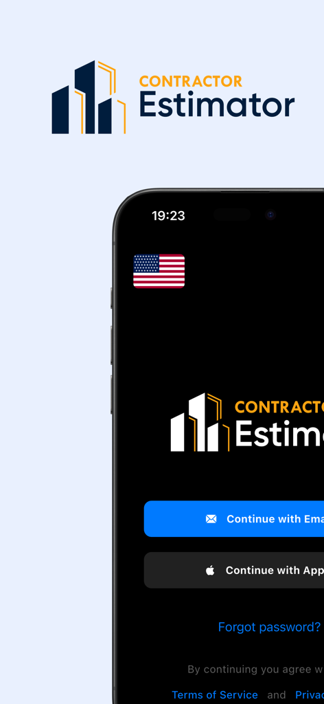 Contractor Estimatorモバイルアプリのログイン画面。ブランディングとサインインオプションが表示されています。
