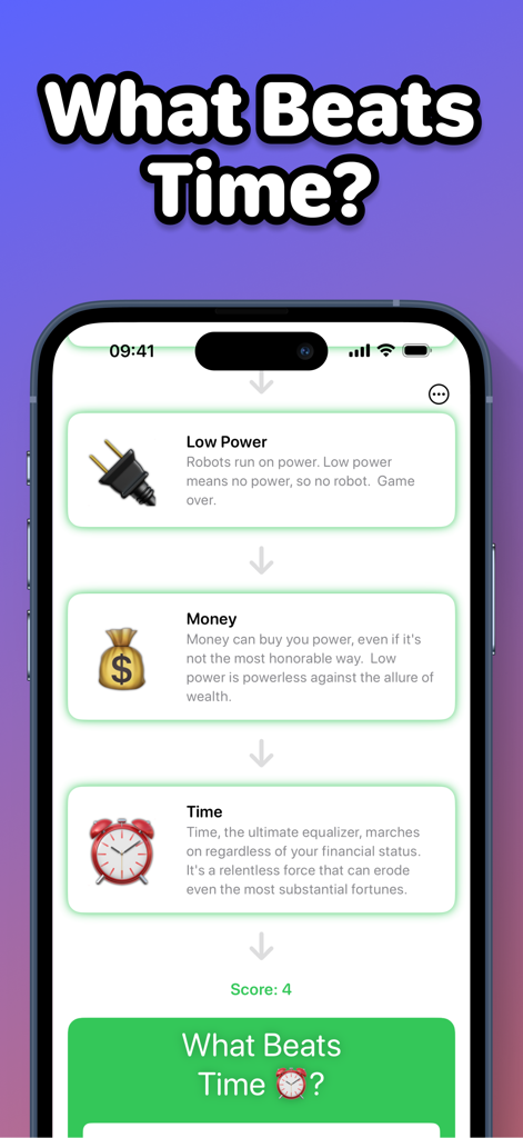 Gameplay screenshot of What Beats Rock showing a creative logic chain where Money beats Low Power and Time beats Money with AI explanations.