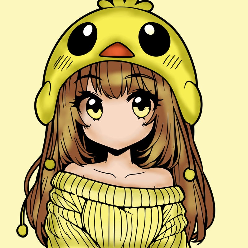 anime girl with chick shaped hat with sweater with bare shoulders with bangs covering them one eye with low tail