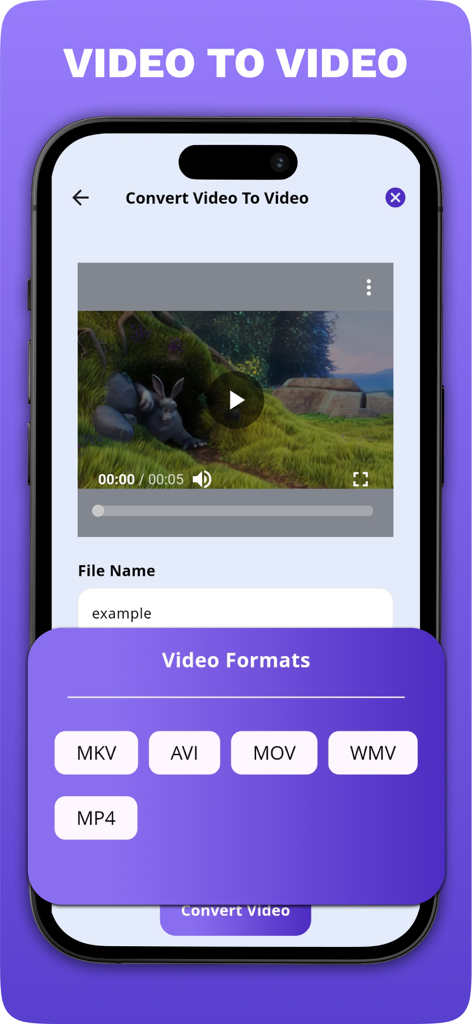 Audio Video Media Converter - Interface of the Audio Video Media Converter app displaying video format selection for conversion.