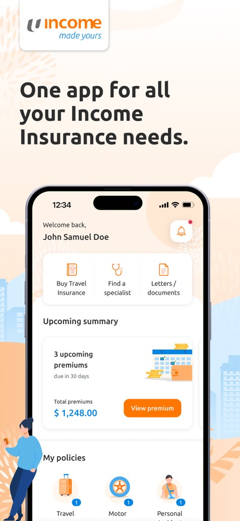 Dashboard of the My Income insurance app showing policy management and travel insurance options.