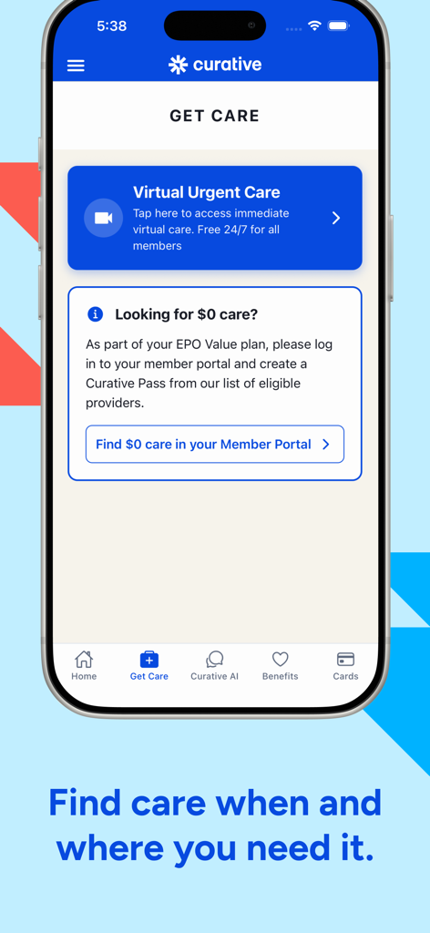 Curative - La pantalla "Obtener Atención" de la aplicación Curative que muestra opciones para atención virtual de urgencia 24/7 y para encontrar proveedores de atención médica de cero dólares.