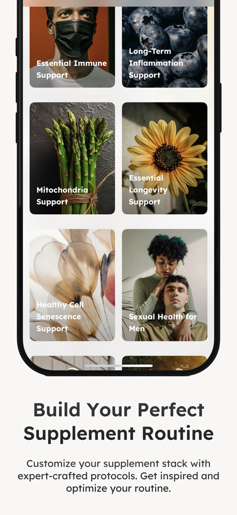 SuppMate - Supplement Tracker - Bildschirm der SuppMate-App, der verschiedene Nahrungsergänzungsprotokolle für Langlebigkeit und Gesundheitsoptimierung anzeigt