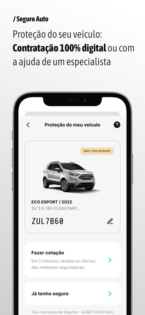 Screenshot of the Zul plus app vehicle insurance section showing options to get a quote for a car