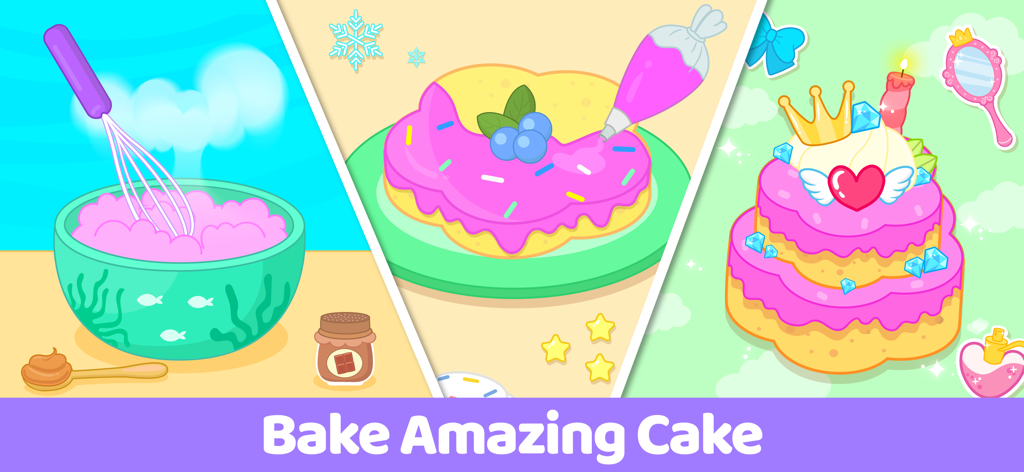 Cake Maker Kids Cooking Games - Un gráfico promocional que muestra las etapas de horneado y decoración de un pastel en un juego de cocina para niños