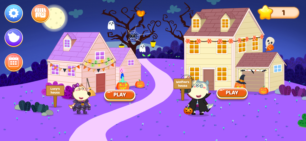 Wolfoo House Cleanup Life - Wolfoo y Lucy con disfraces de Halloween parados frente a sus casas decoradas en el menú del juego.