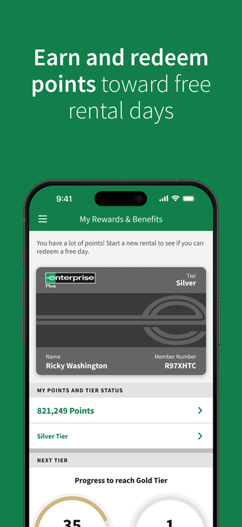 Enterprise Rent-A-Car - Enterprise app interface showing loyalty points balance and silver tier status for a member.