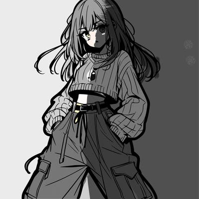 anime teen girl with baggy pants and crop top with sweater