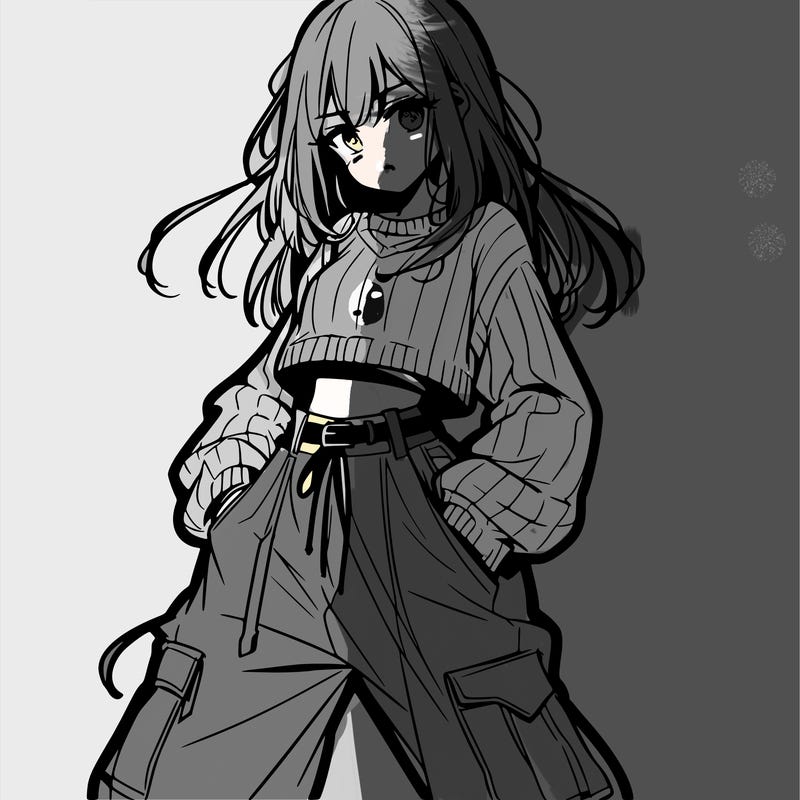 anime teen girl with baggy pants and crop top with sweater