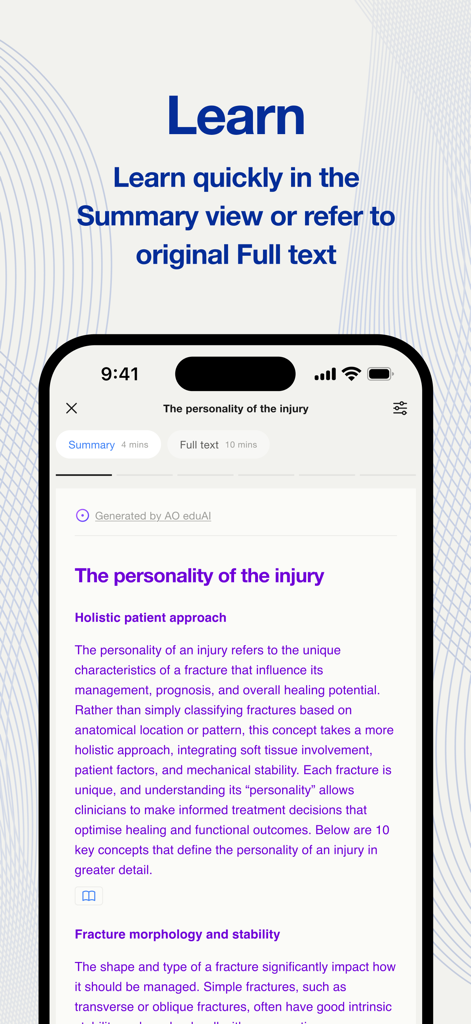 AO Companion - AO Companion mobile app screenshot showing a fracture management summary with an option to toggle between summary and full text views.