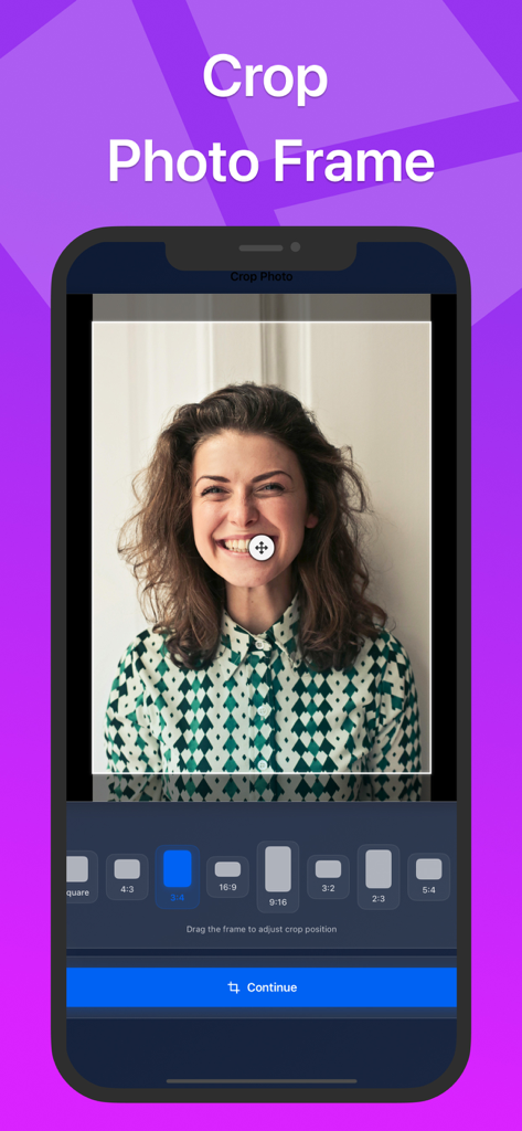 Remove Background Easy with AI - Mobile app interface for cropping a portrait photo with multiple aspect ratio options