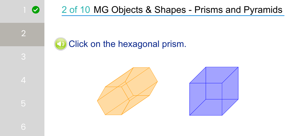Uma lição de geometria interativa no aplicativo Mathletics Students pedindo para identificar um prisma hexagonal.