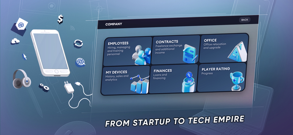 Company management screen in Devices Tycoon Simulator showing staff finance and office modules