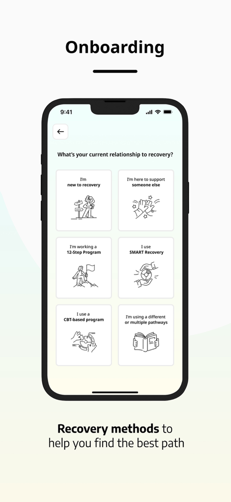 OpenRecovery - Onboarding screen of the OpenRecovery app showing options for 12 Step SMART Recovery and CBT programs
