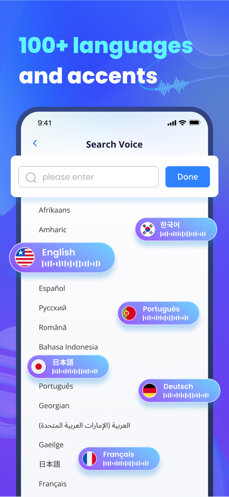 Interfaz de la aplicación VoxBox AI Text to Speech que muestra una lista de más de 100 idiomas y acentos compatibles para la generación de voz