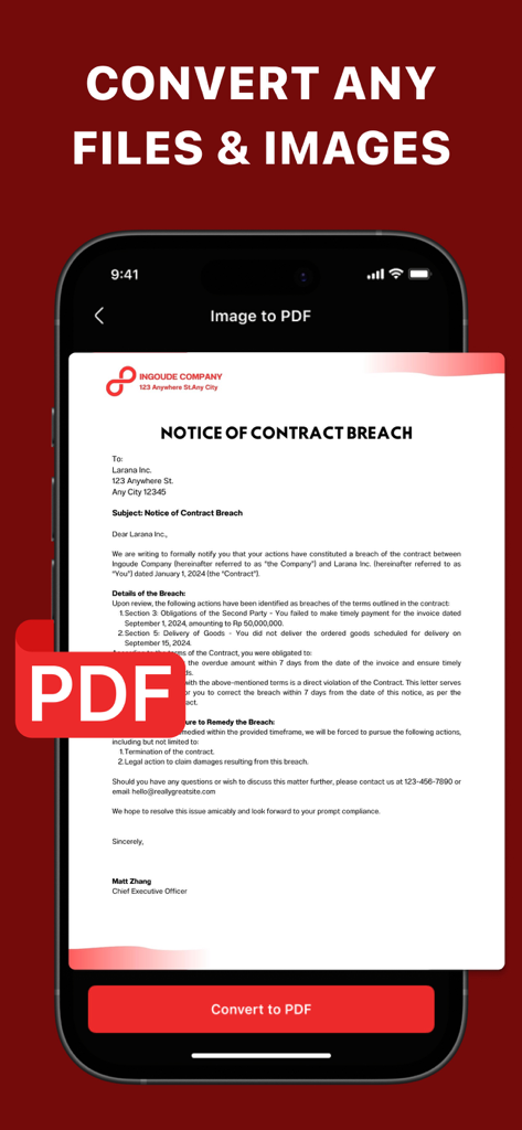 PDF Maker: Editor & Converter - 書類の画像がPDFファイルに変換されている様子を示すスマートフォンの画面。