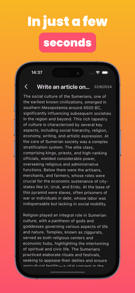 Interface do aplicativo AI Essay Writer exibindo um artigo gerado sobre a cultura suméria em um iPhone.