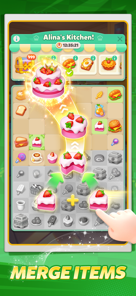 Yalla Match - Vogue Star - Capture d'écran du gameplay montrant le mécanisme de fusion d'objets avec des gâteaux aux fraises dans la cuisine d'Alina