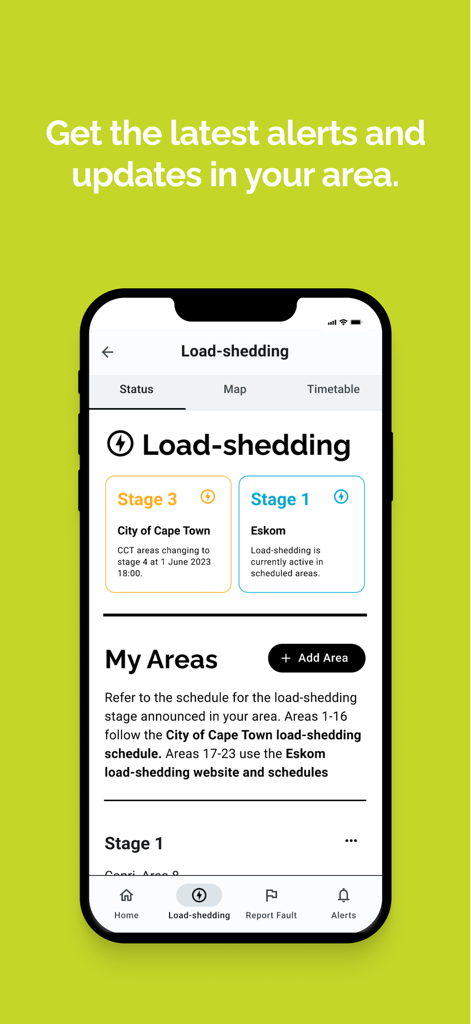 City of Cape Town - Pantalla de la aplicación móvil que muestra etapas de cortes de carga en tiempo real y alertas de energía para Ciudad del Cabo.