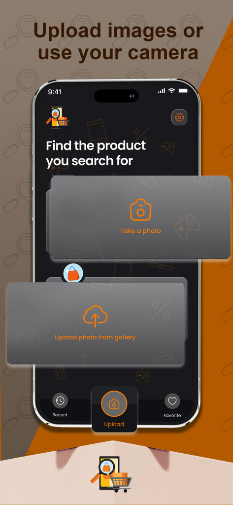 Product Finder - Price Compare - 写真の撮影または画像のアップロードで商品を見つけるオプションを表示する商品検索アプリのインターフェース。