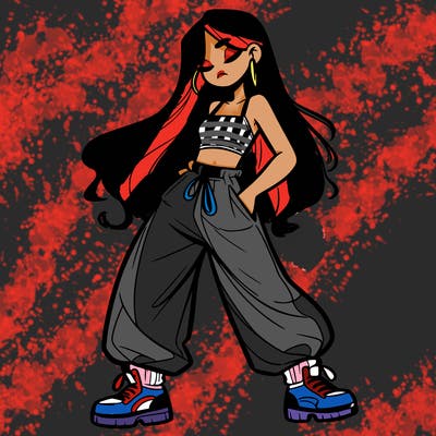 girl in baggy pants crop top and long hair