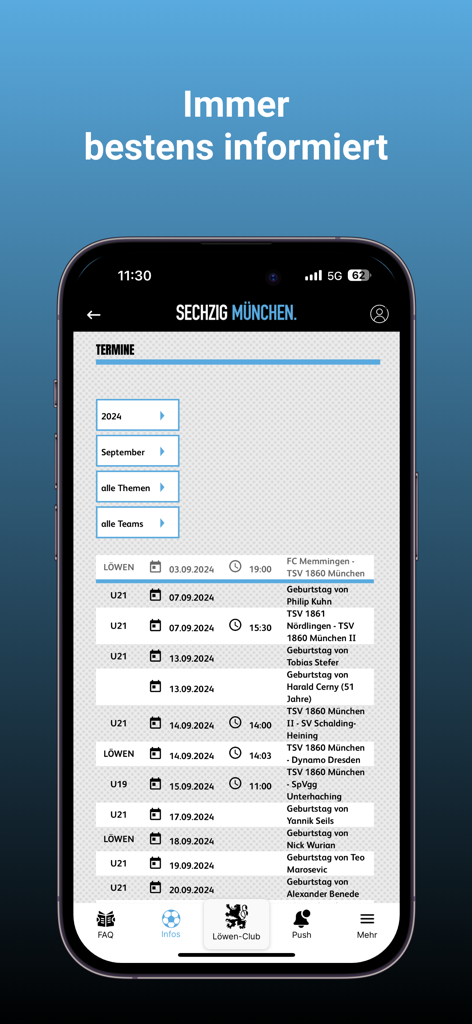 TSV 1860 München - Smartphone screen showing the TSV 1860 München app schedule with upcoming matches and club events.