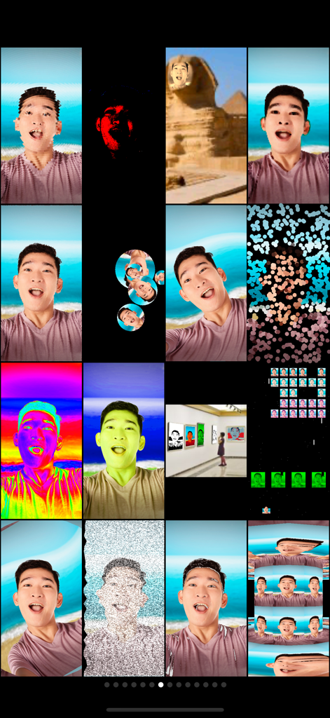Mega Photo Pro - A grid showcasing multiple real-time funny and distorted camera effects in the Mega Photo Pro app.