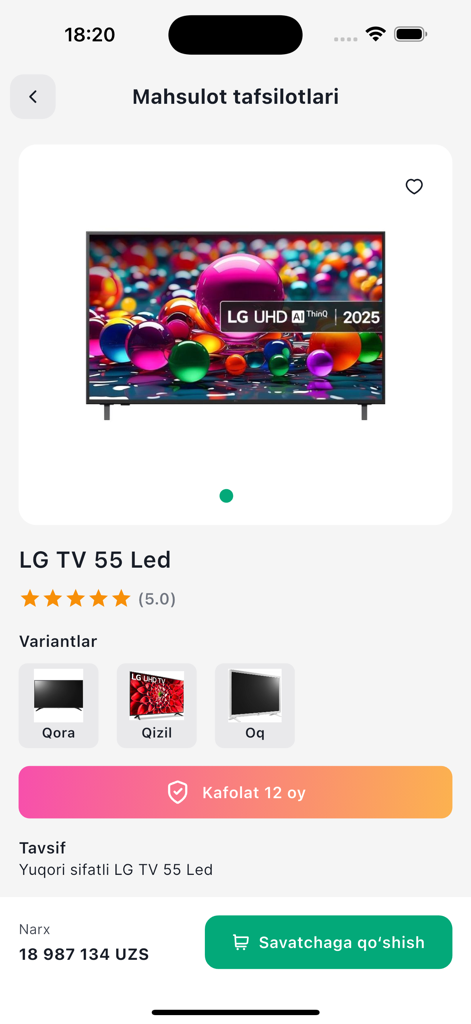 Markab - LG 55 inch LED TV product page on the Markab shopping app showing price and color options in Uzbek.