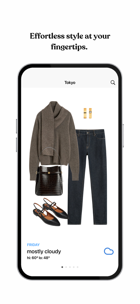 Daily Dress Me - what to wear - Daily Dress Me app displaying a curated outfit for a mostly cloudy day in Tokyo.