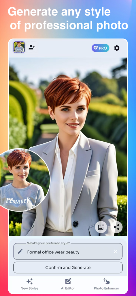 OLyne: AI Photo Editor, Art - OLyne app interface showing an AI transformation of a casual photo into a professional business headshot with a blazer