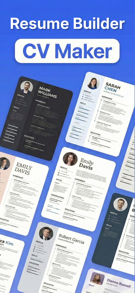 A selection of professional and modern resume templates from the Resume Builder CV Maker app featuring various layouts and styles.