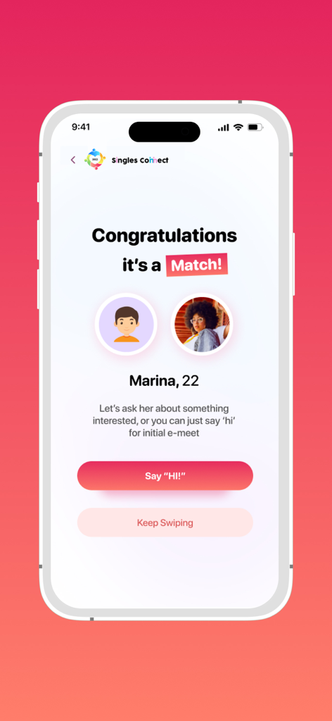 Singles Connect - A match notification on the Singles Connect dating app showing two profile images and options to chat or keep swiping.