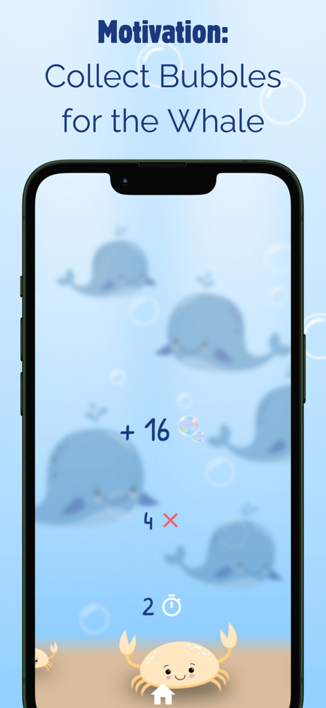 Learn to Read Autism ADHD - Motivational screen in the reading app showing a calm underwater scene with whales and collectible bubbles.
