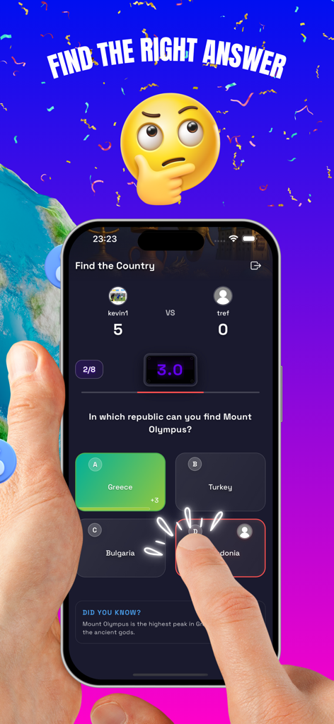 Smartphone screen showing a geography trivia duel between two players in the Quizzer app.